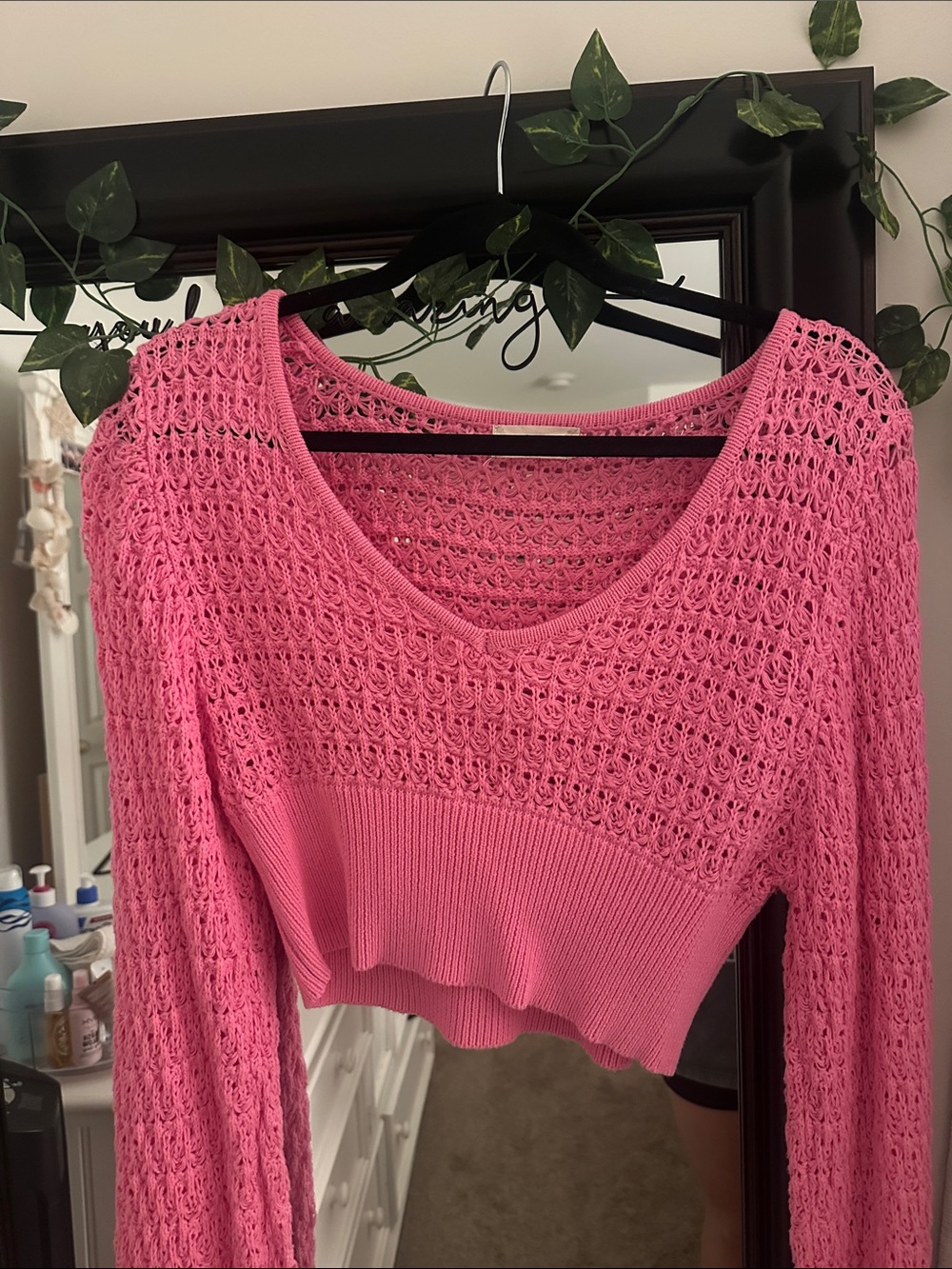 Altar'd State Pink Open-Knit Scoop Neck Cropped Sweater